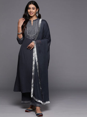Varanga Women Grey Gota Embroideted Straight Kurta With Bottom And Dupatta